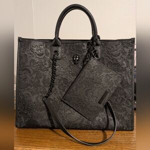 Betsey Johnson Black Floral Skull Embossed Tote Bag